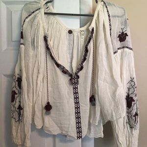 Free People Cream Embroidered Peasant Style Blouse